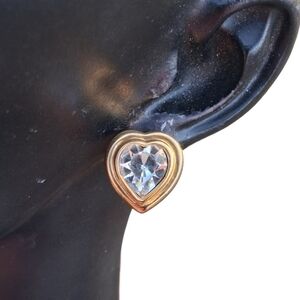 💖 Vintage Gold Tone Clear Heart Rhinestone Stud Earrings